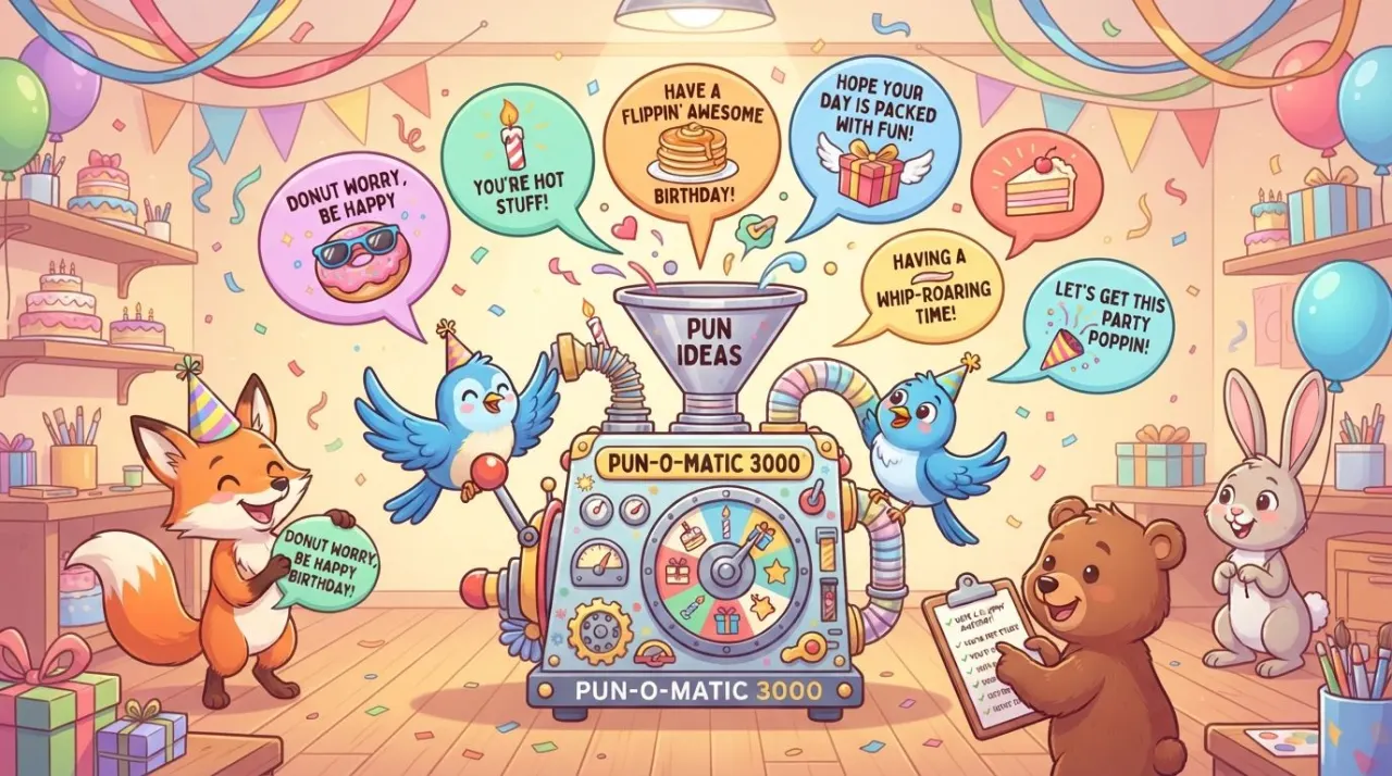 A bright cartoon birthday celebration with cake, balloons, gifts, and playful birthday wordplay