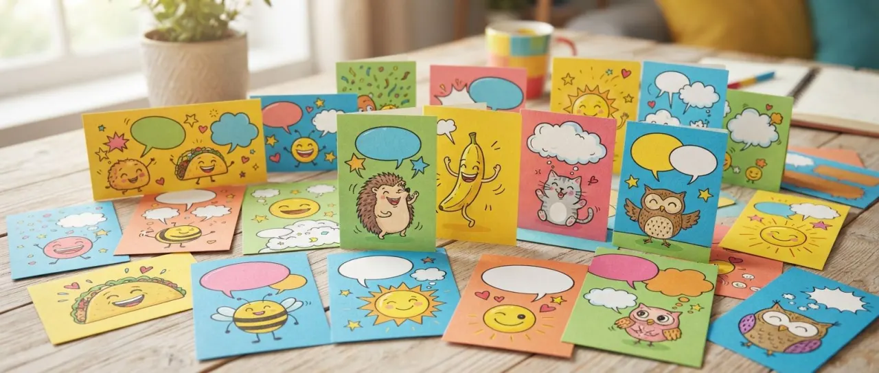 Colorful cards and cheerful pun-themed decorations