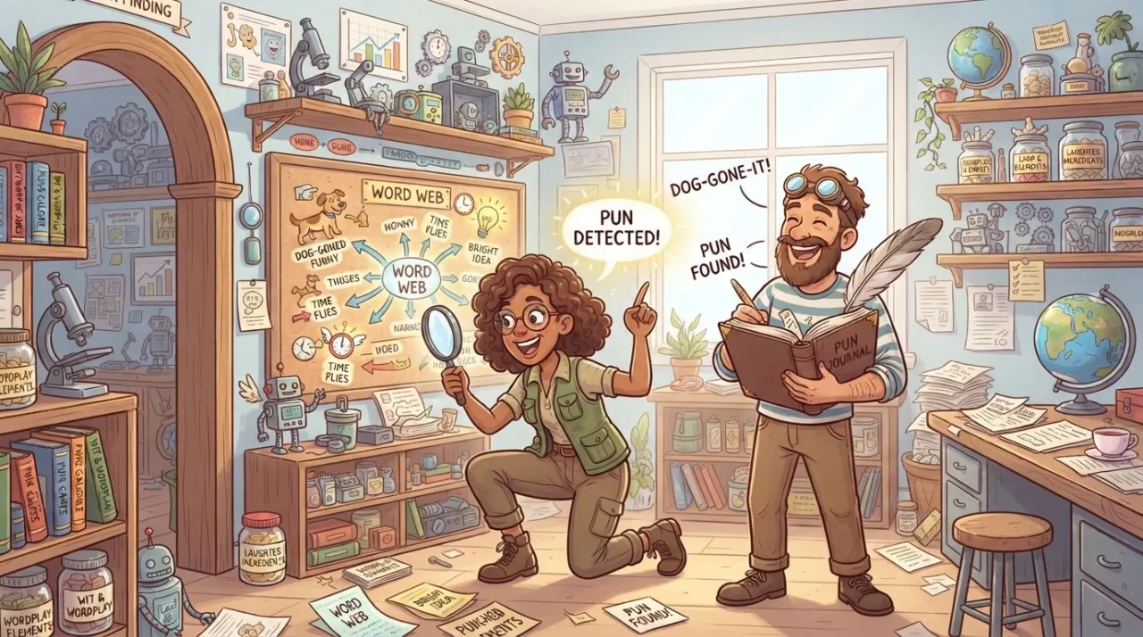 A colorful cartoon illustration representing a playful online pun finder