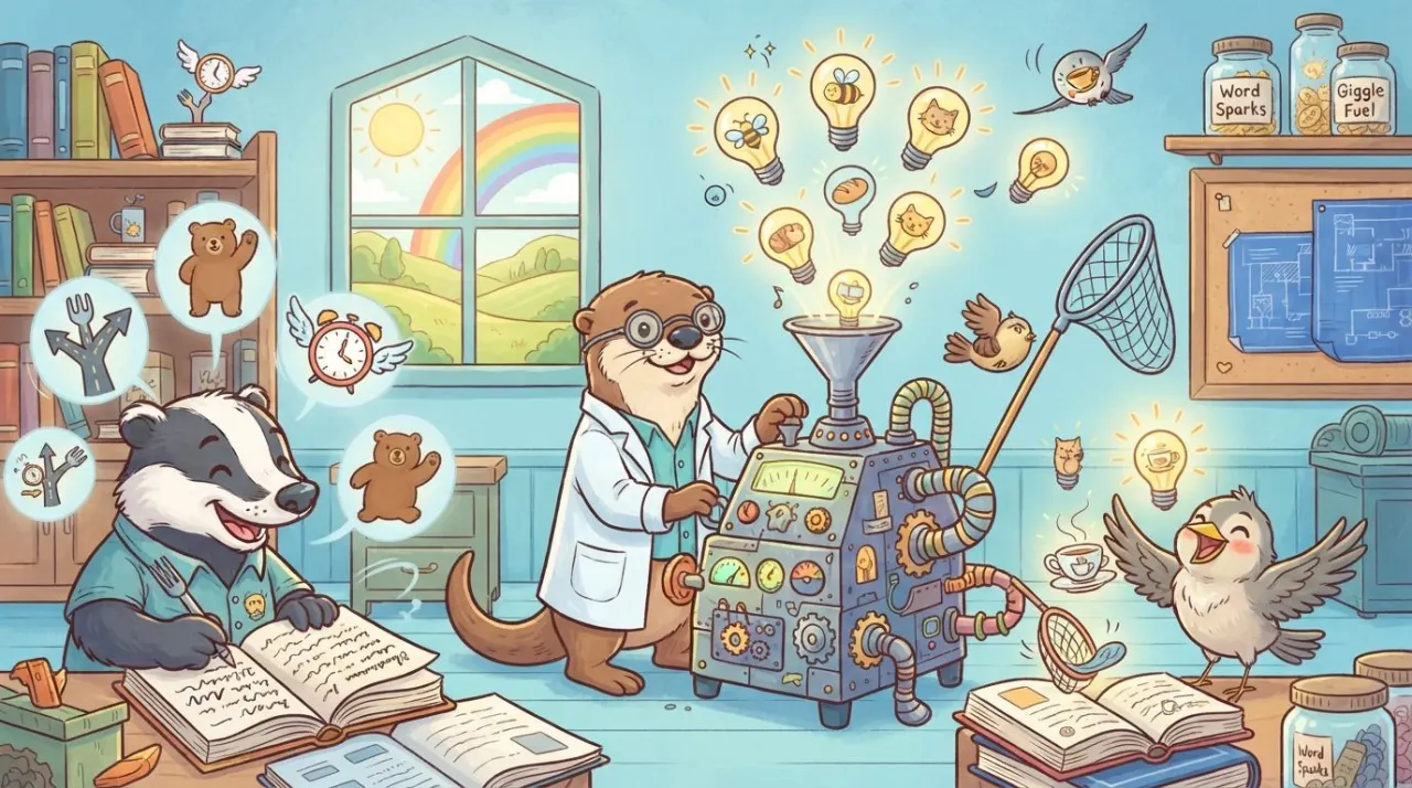 A bright cartoon illustration representing a fun random pun generator