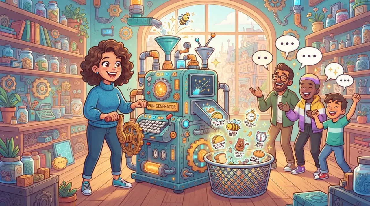 A bright cartoon illustration representing playful pun captions for photos and social posts
